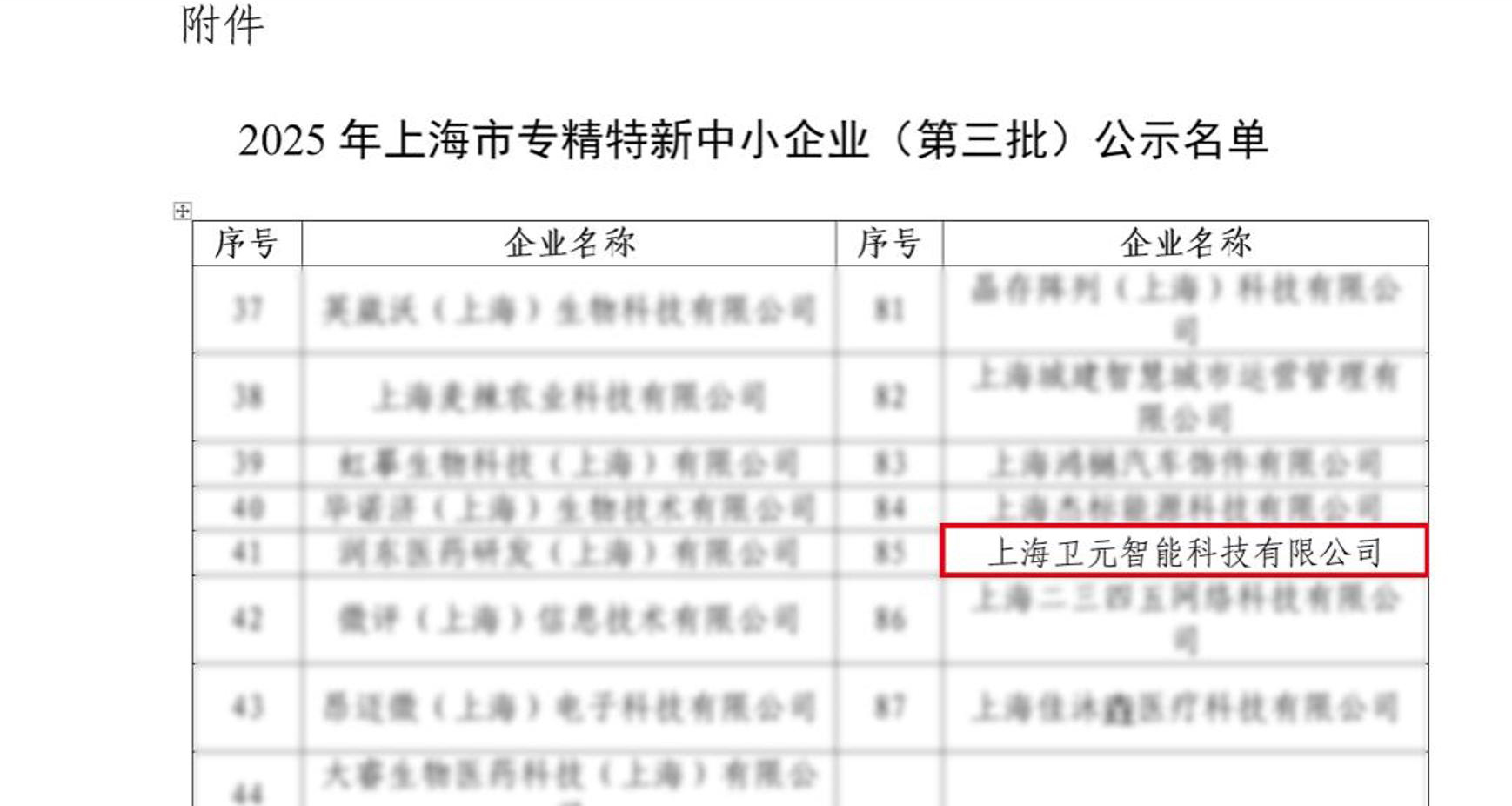 衛元智能獲2025年上海市專精特新中小企業認定